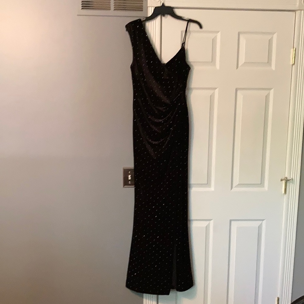 Bcbg one shoulder spaghetti strap with slit on side dress. Size medium NWT